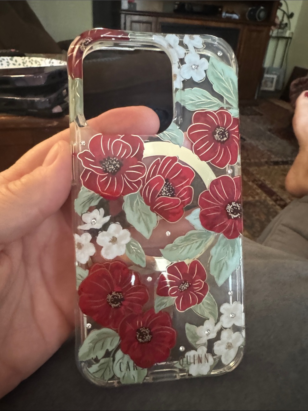 Clear Floral Phone Case with Red Flower Accents -